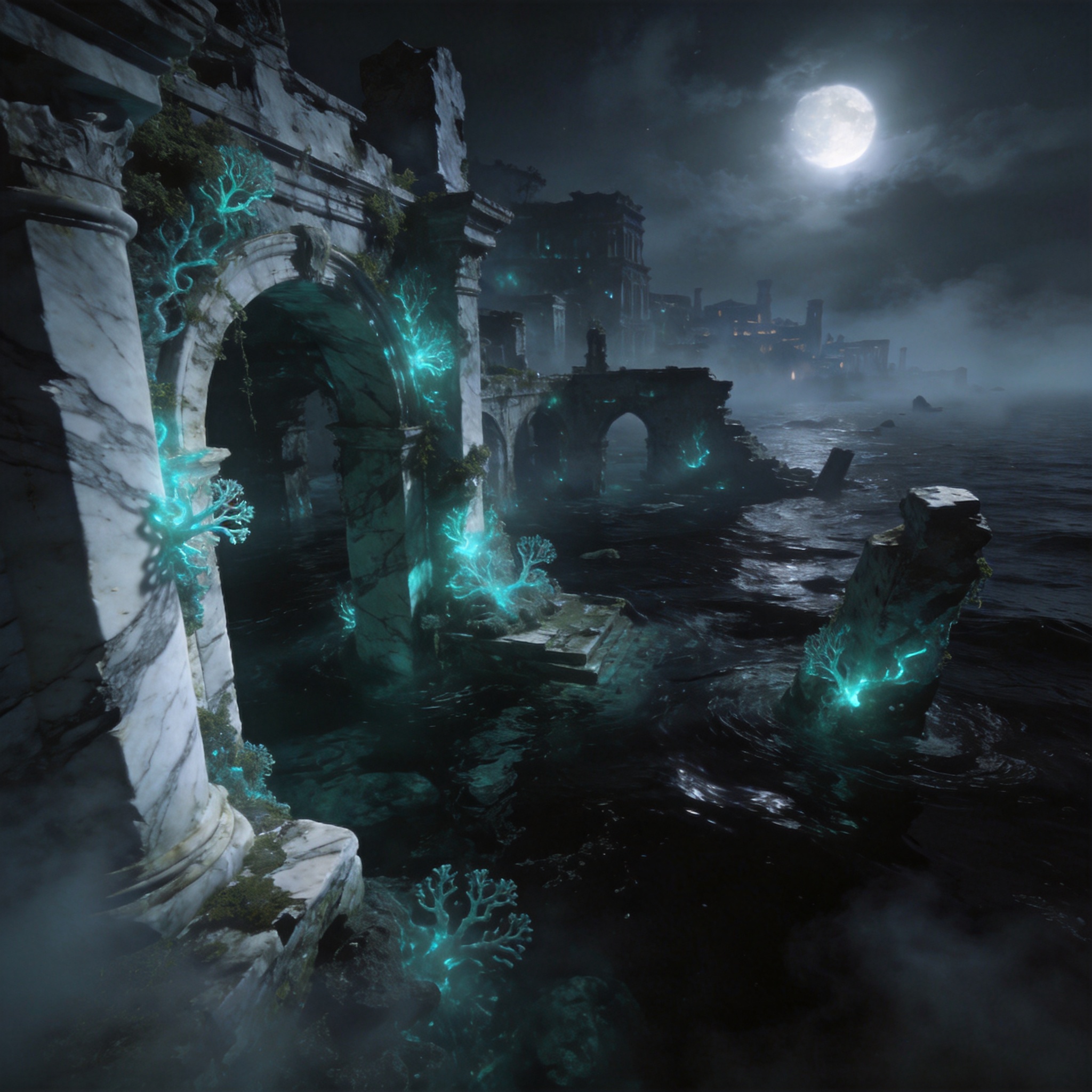 A drowned coastal city half-sunk in dark water with glowing aether coral
