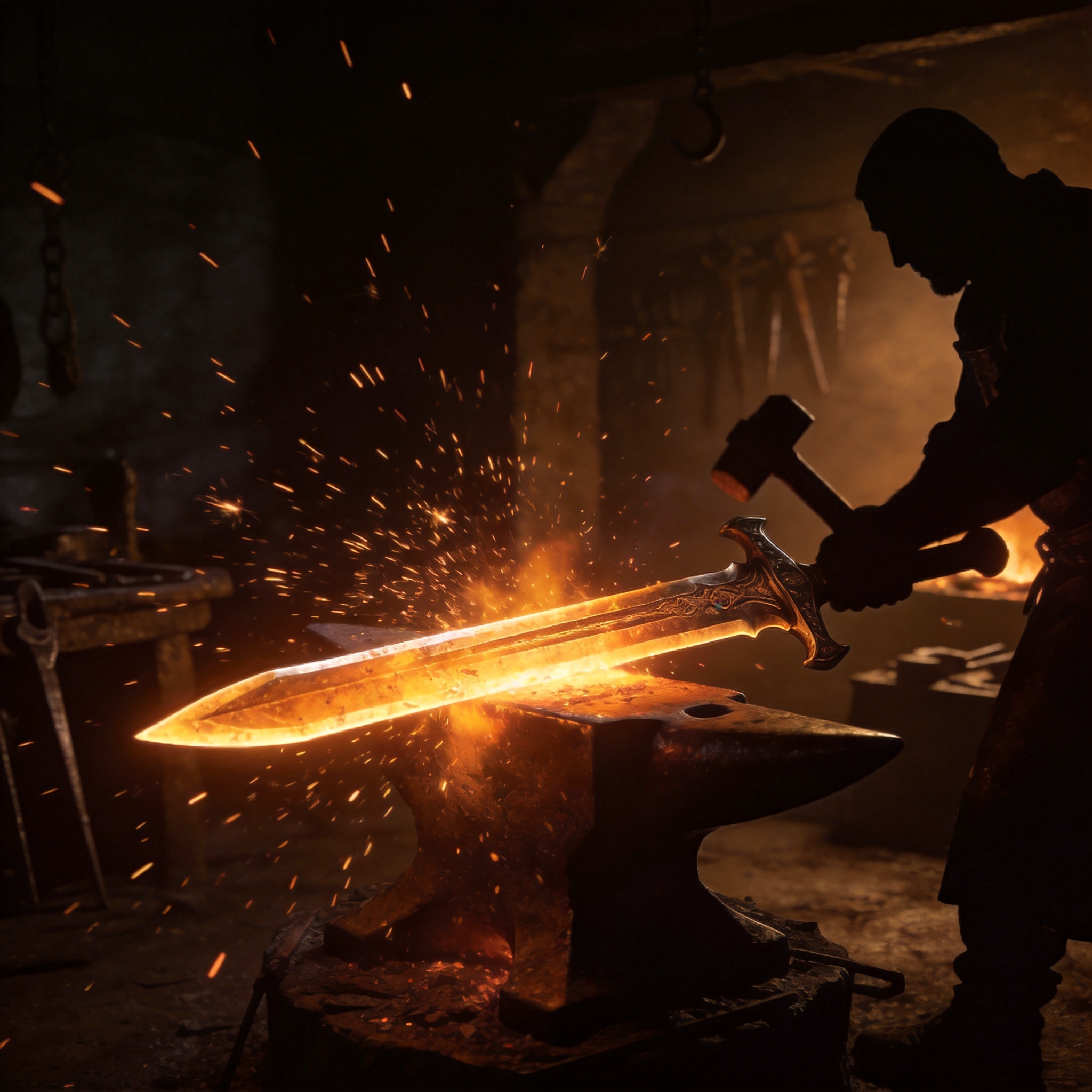 A glowing greatsword being quenched in molten metal at the forge