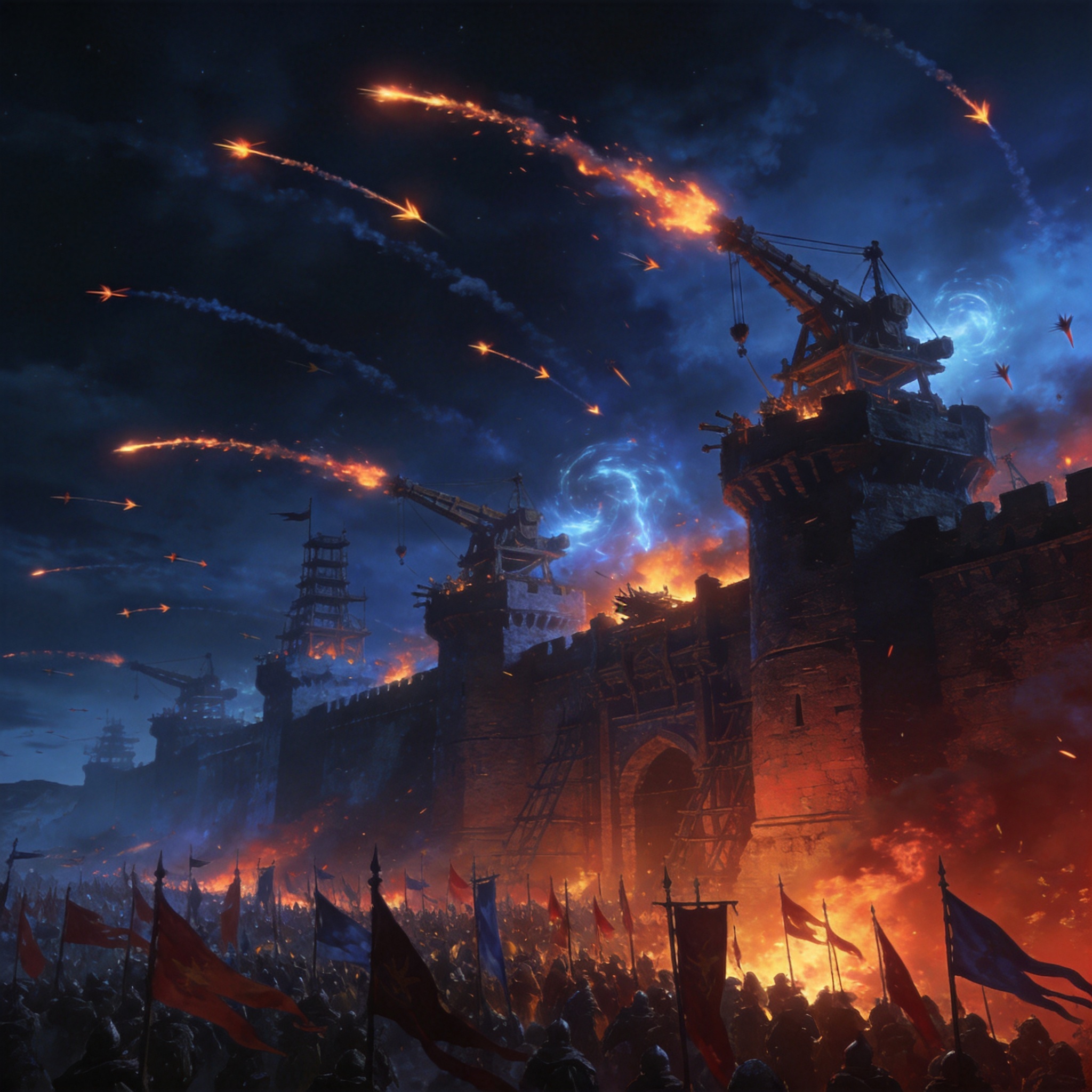 A massive castle siege battle at night with fire arrows arcing over fortress walls