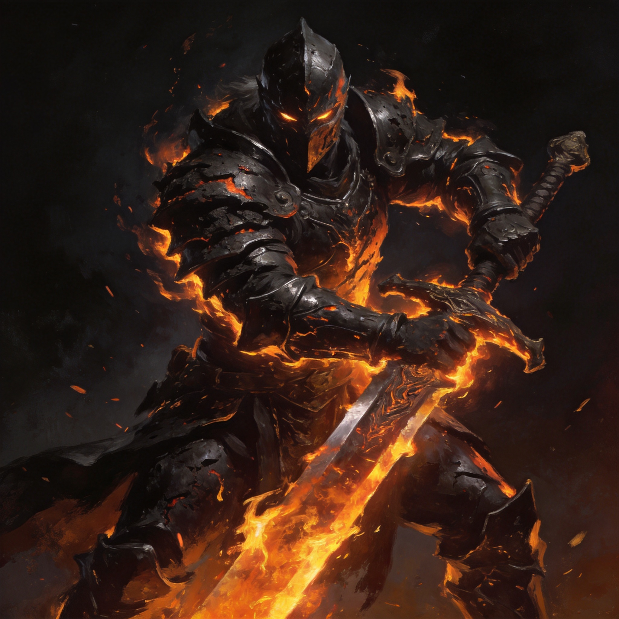 The Emberblade — a duelist in scorched black armor wielding a flaming greatsword