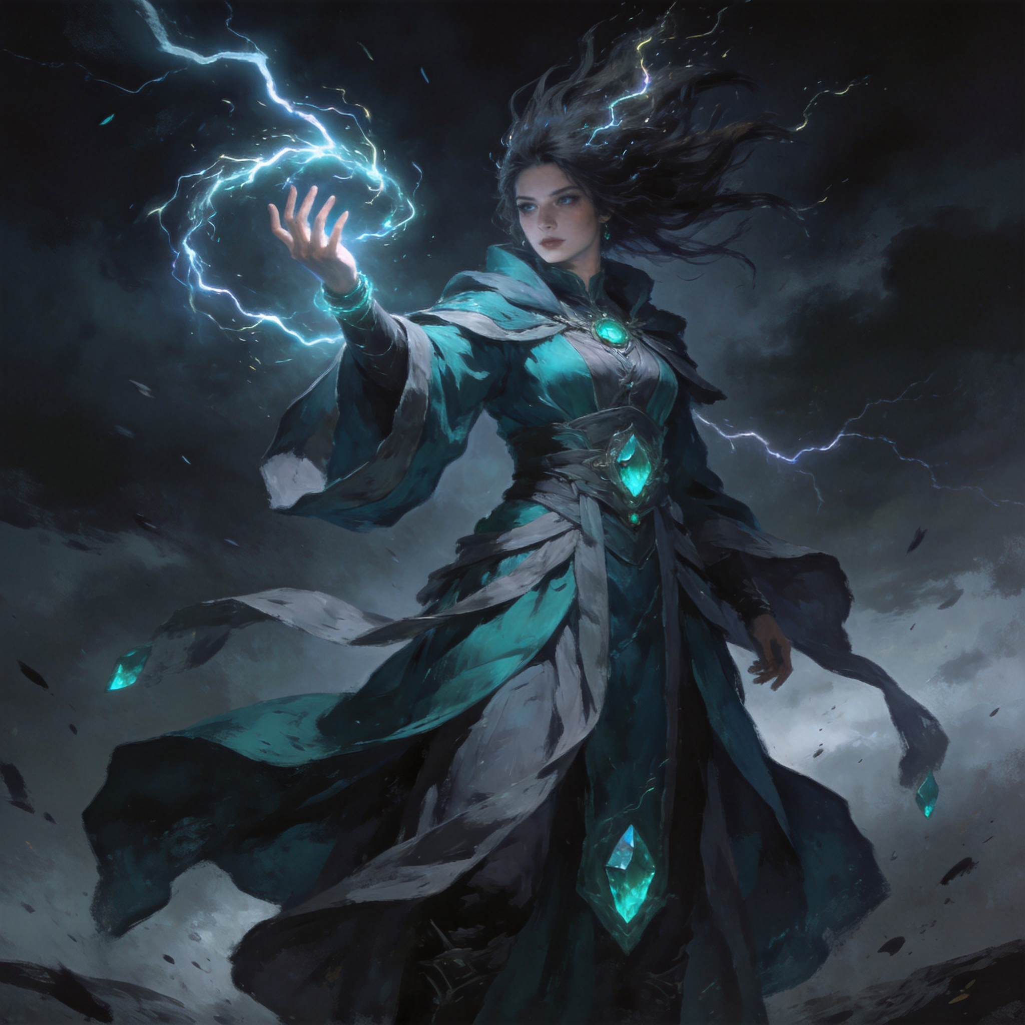The Stormcaller — a mage commanding lightning beneath a storm-dark sky