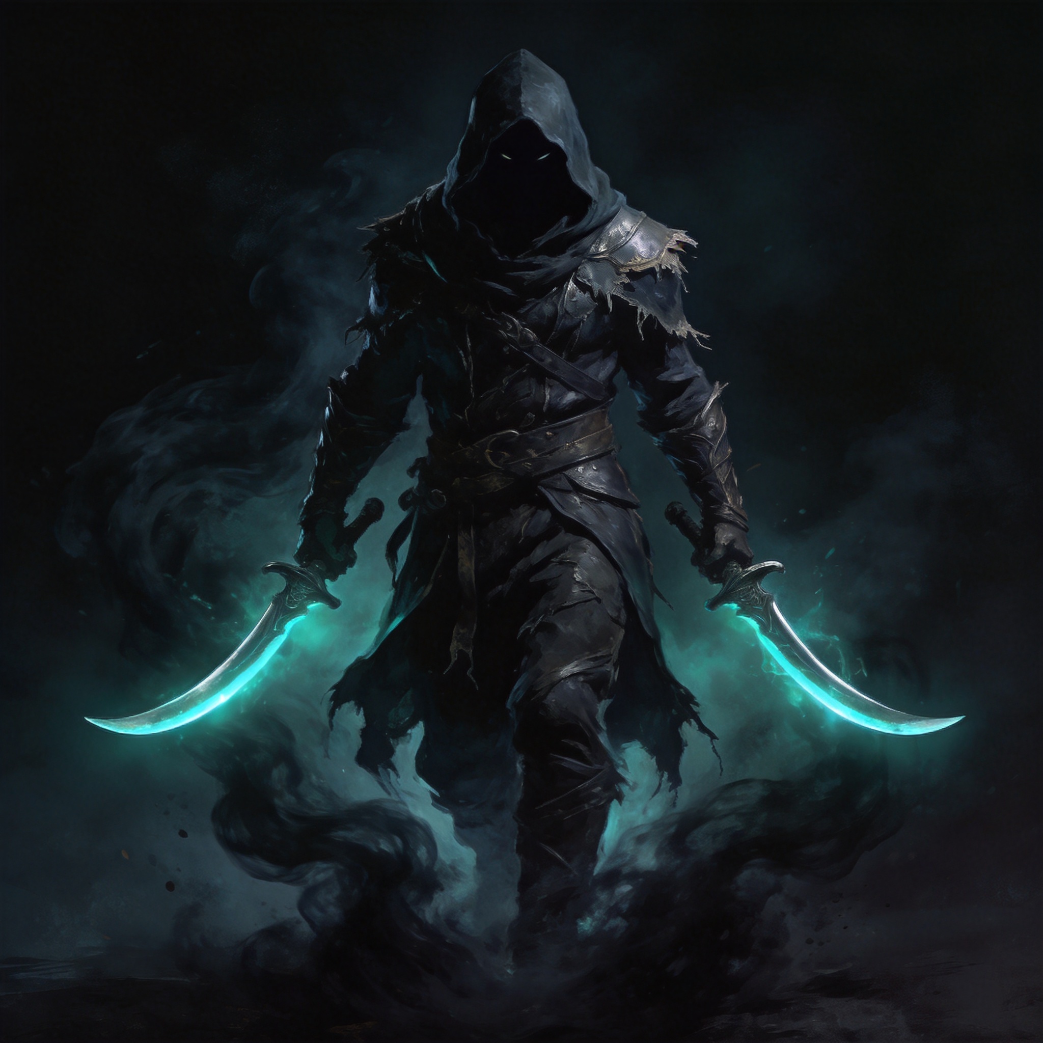 The Veilwalker — a hooded assassin with twin glowing daggers emerging from shadow