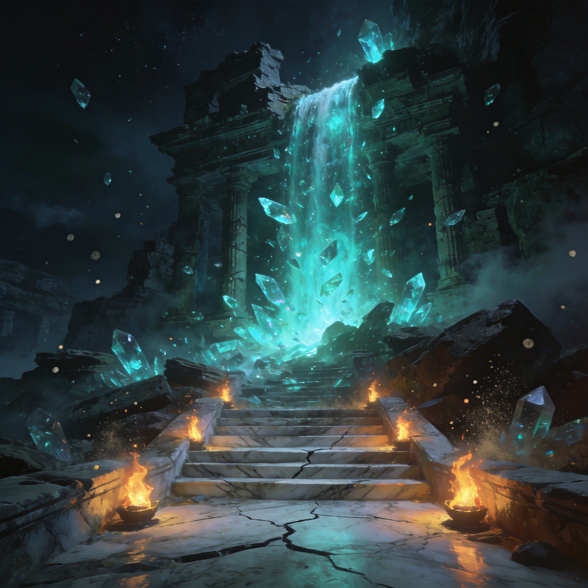 Ancient temple ruins beneath a waterfall of glowing aether crystals